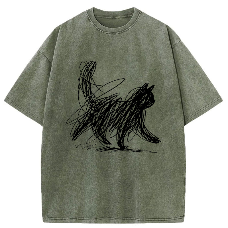 Japanese Style Scribble Cat Washed T-Shirt