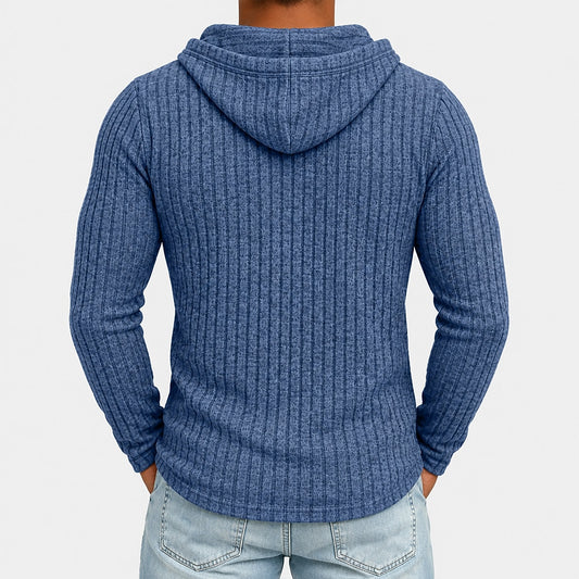 Chest Pocket Ribbed Button-Neck Hoodie