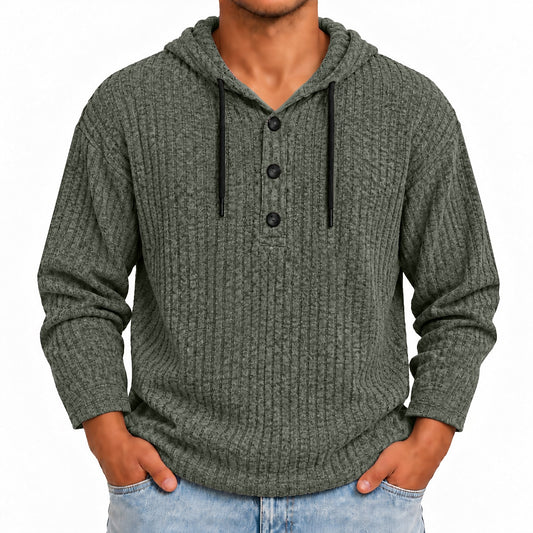 Fine Rib Button-Neck Hoodie
