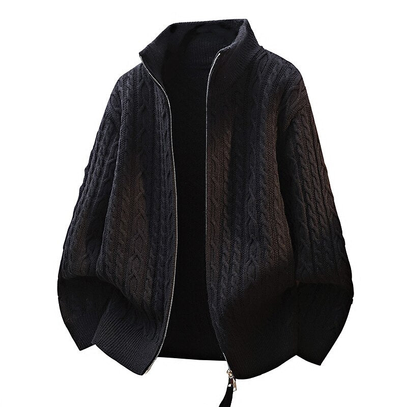 Braided Cable Stand-Collar Zip Cardigan