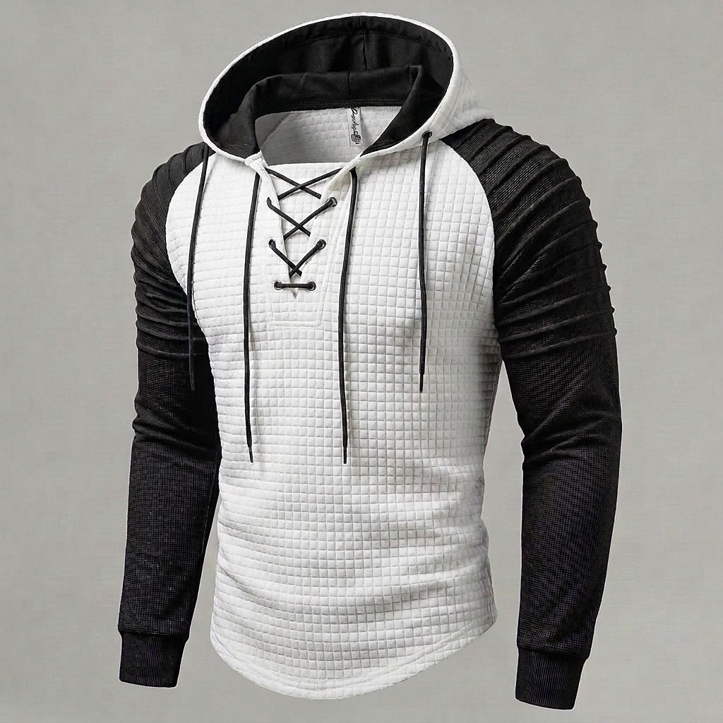 Color Block Waffle Lace-Up Hoodie