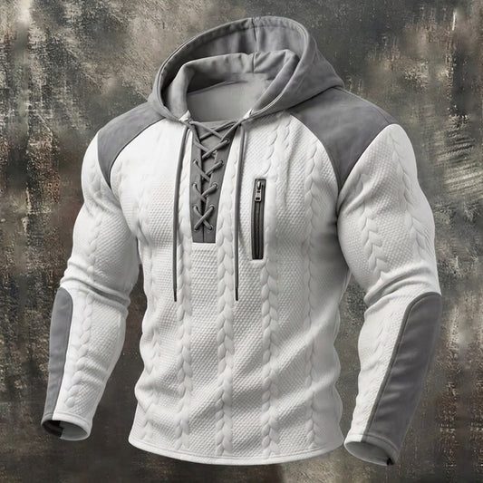 Contrast Panel Cable Lace-Up Hoodie