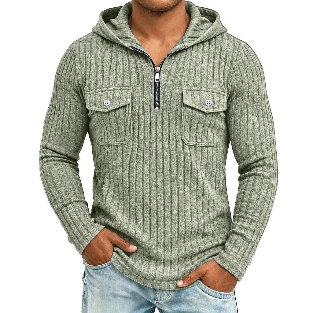 Ribbed Quarter-Zip Chest Pocket Hoodie