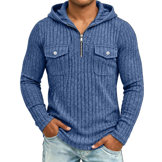 Ribbed Quarter-Zip Chest Pocket Hoodie