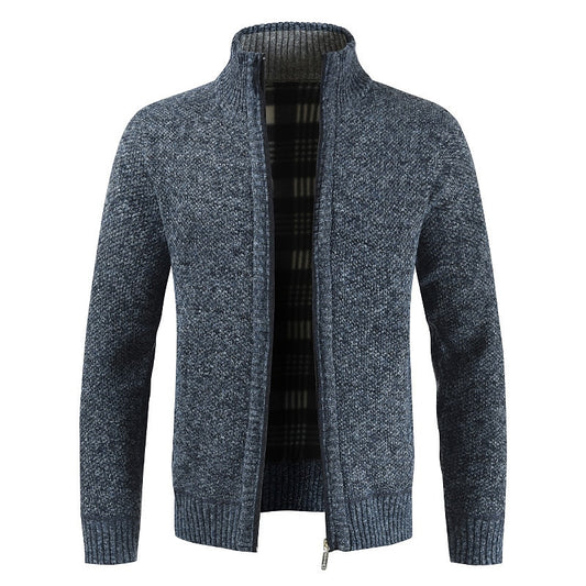 Plaid-Lined Stand-Collar Zip Cardigan