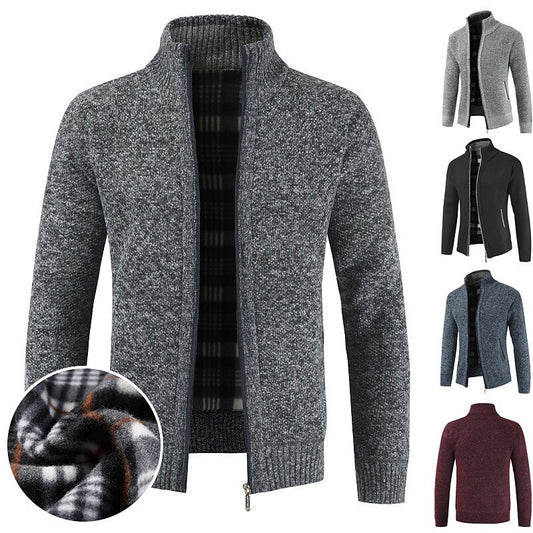 Plaid-Lined Stand-Collar Zip Cardigan