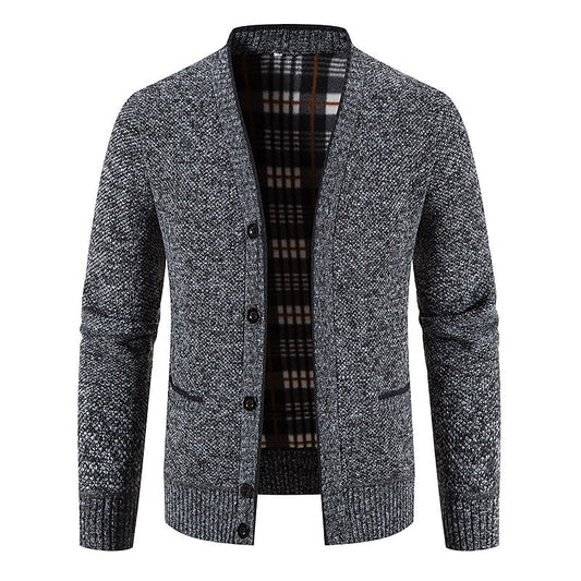 Plaid-Lined Welt Pocket Cardigan