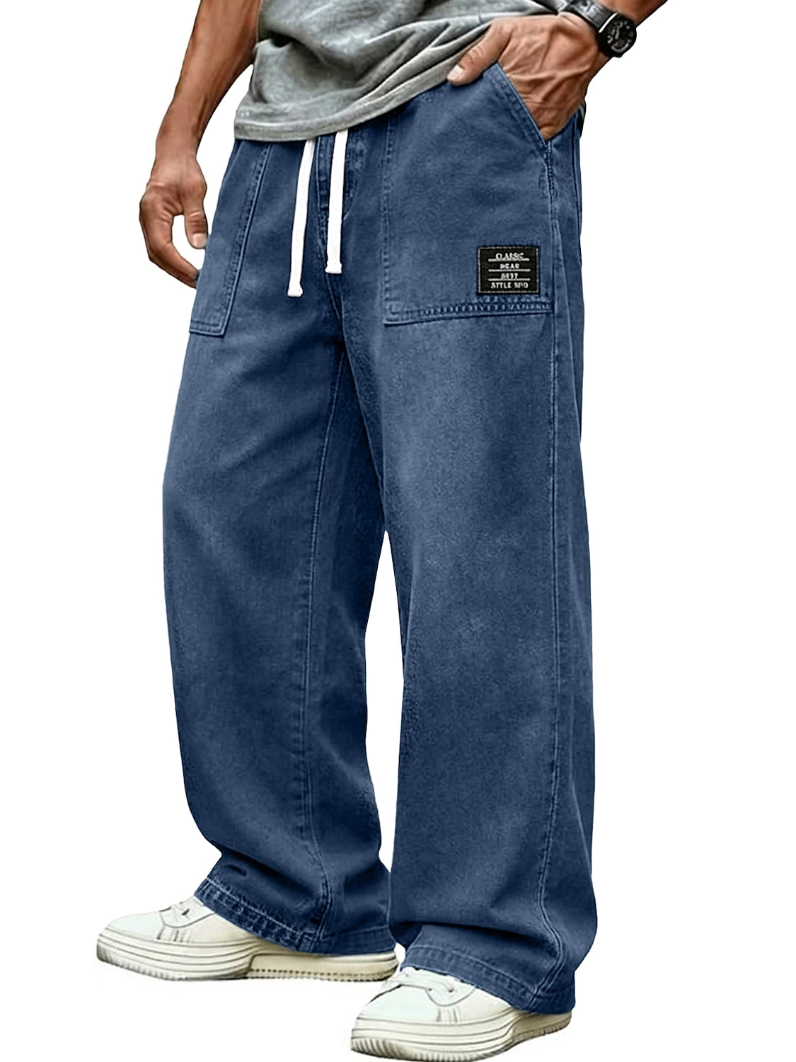 Washed Denim Drawstring Wide Leg Pants