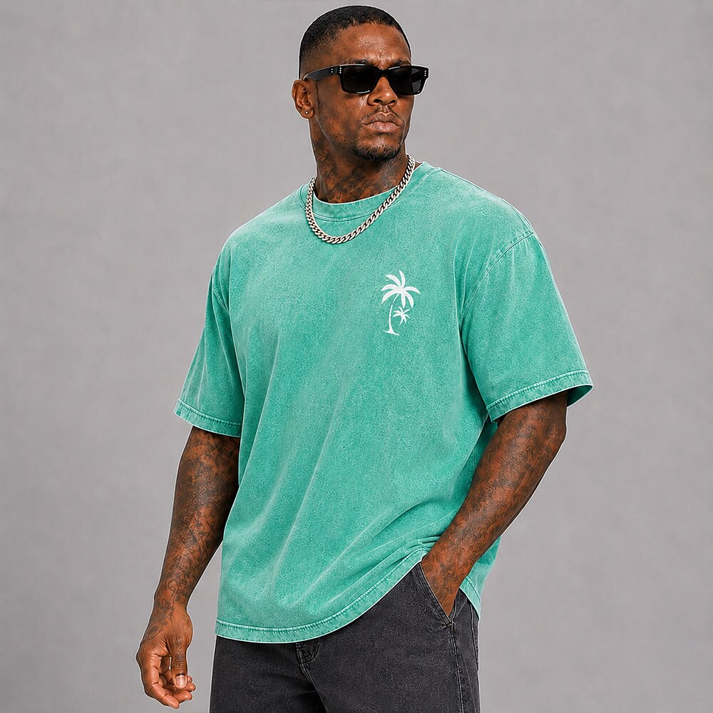 Men's Palm Tree Minimal Print Short Sleeve Acid-Wash T-Shirt