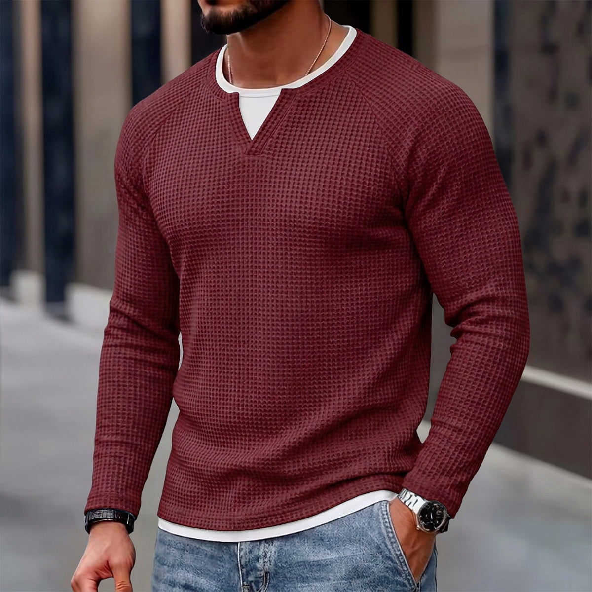 Layered Notch Neck Waffle Henley Long Sleeve T-Shirt