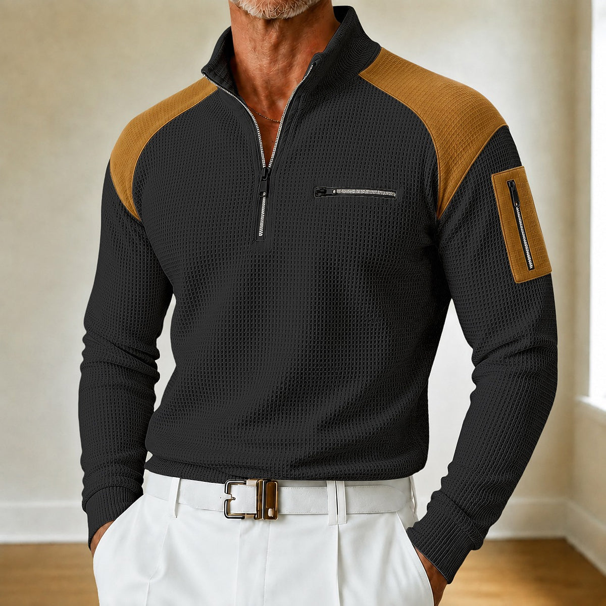 Zip Pocket Raglan Waffle Polo