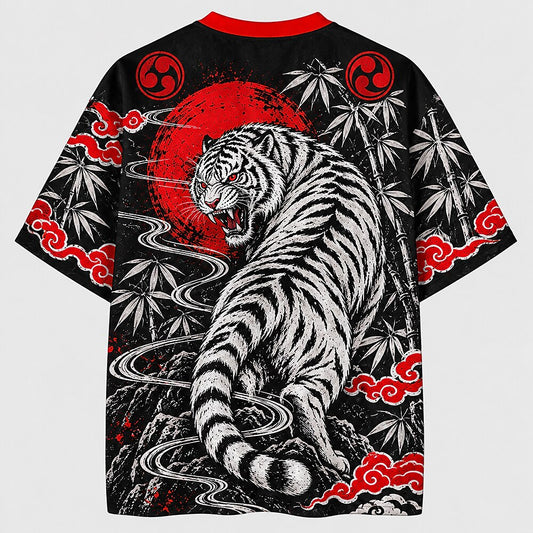 Tiger and Red Moon V-Neck Mesh Jersey