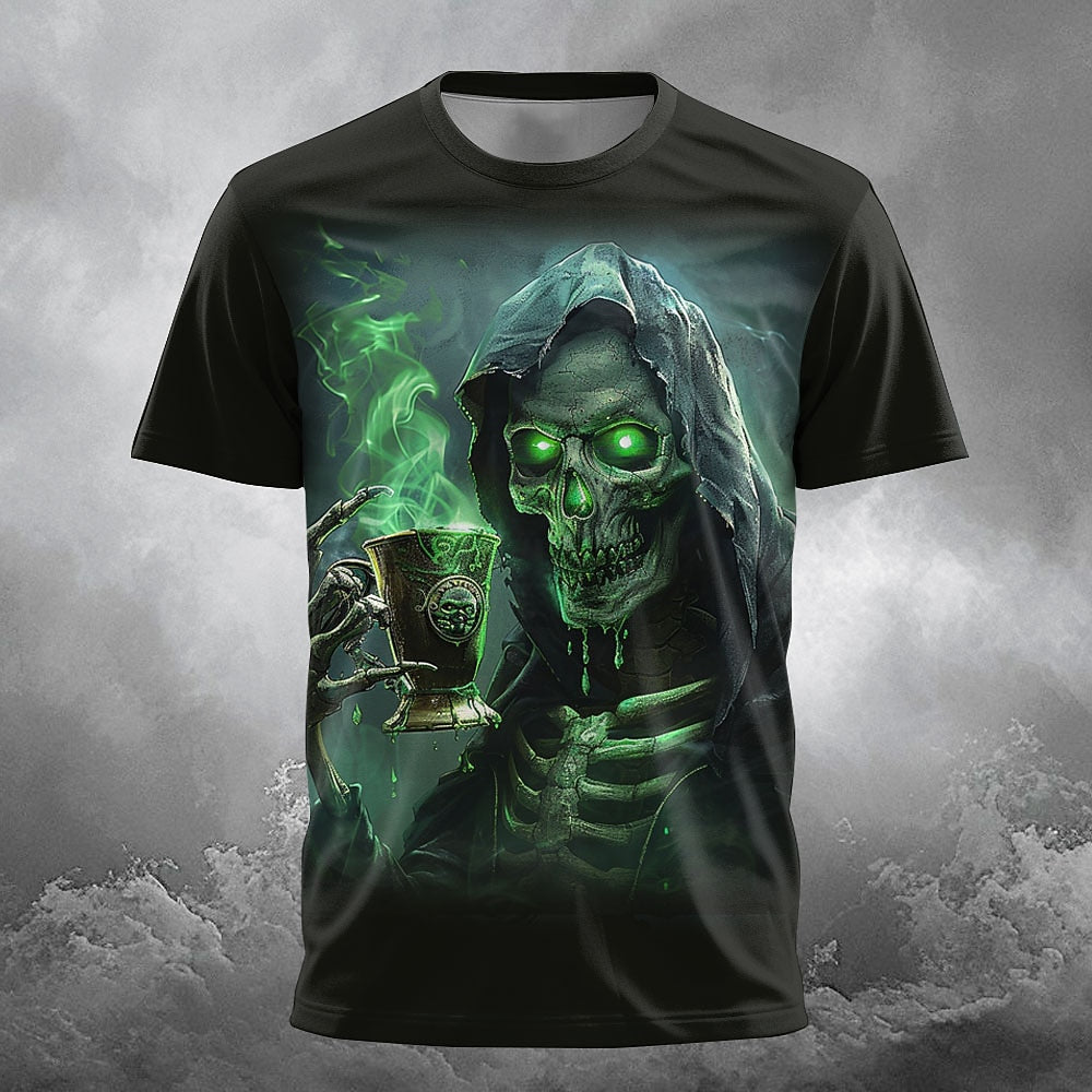 Men's Skeleton Beer Mug Print Short Sleeve Gothic T-Shirt
