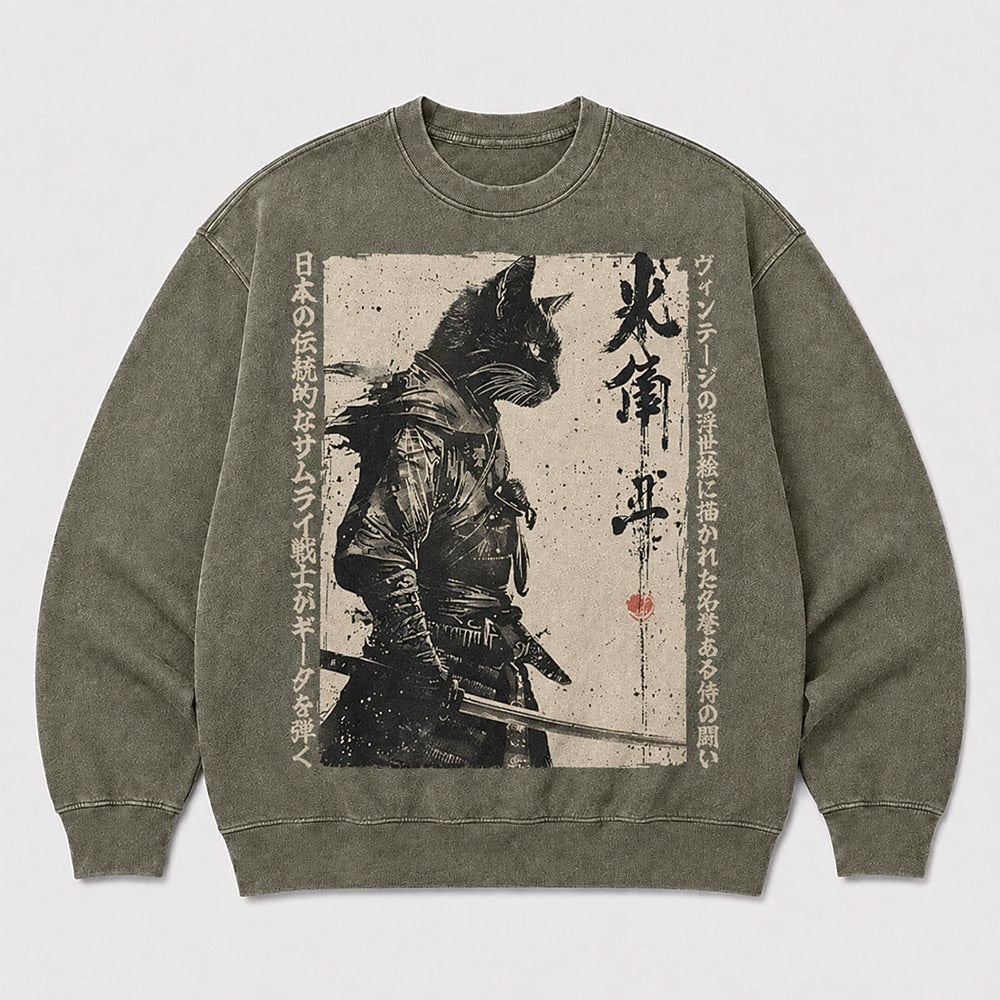 Men's Vintage Japanese Cat Graphic Washed Crew Neck Sweatshirt