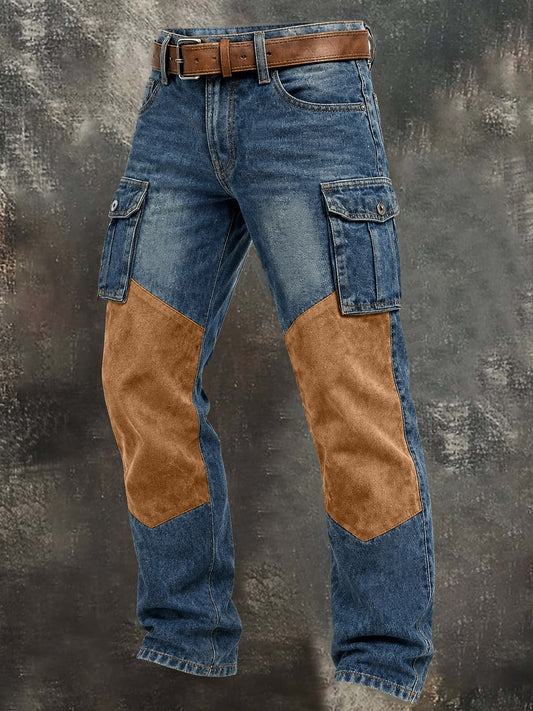 Contrast Panel Denim Cargo Pants