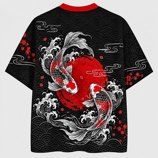 Koi Fish and Red Sun V-Neck Mesh Jersey
