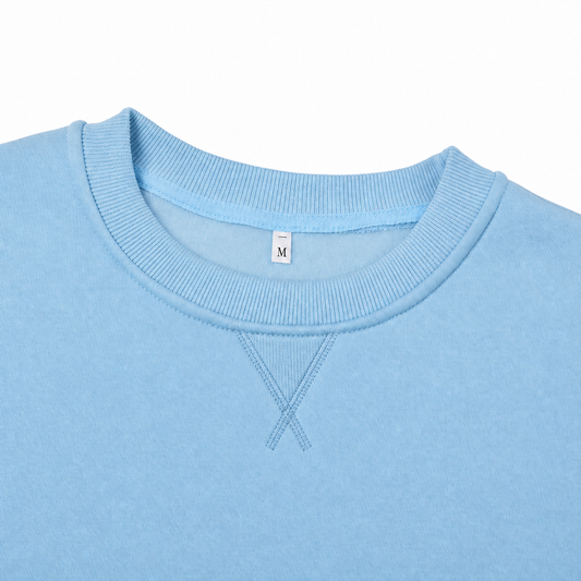 Light blue sweatshirt neckline with centered V-stitch detail