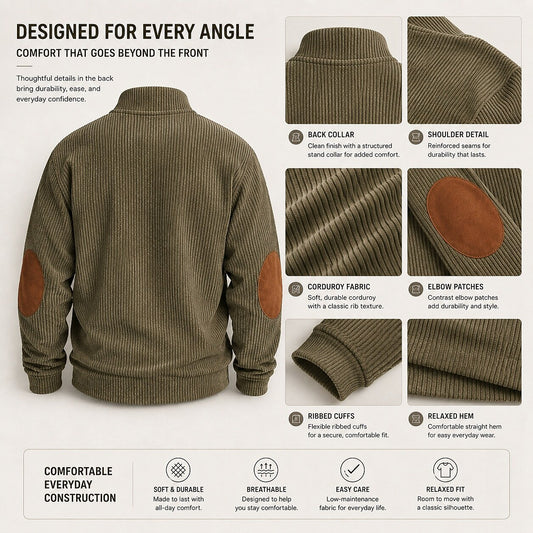 Elbow Patch Corduroy Button-Neck Sweatshirt