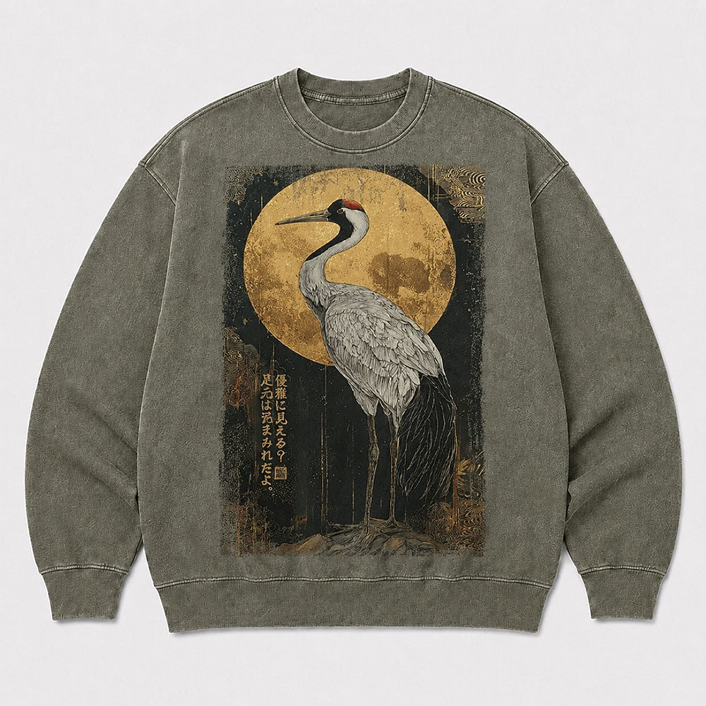 Men's Japanese Crane Graphic Washed Crew Neck Sweatshirt