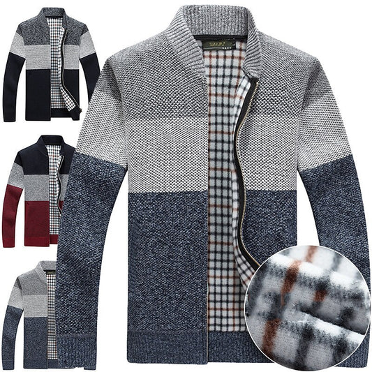 Three-Tone Plaid-Lined Zip Cardigan