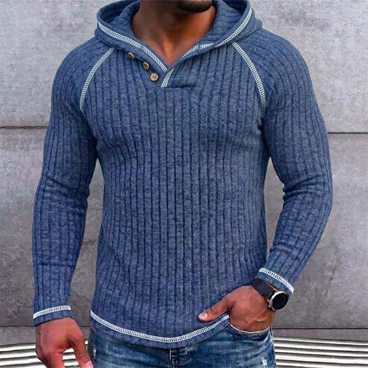 Ribbed Button-Neck Hoodie