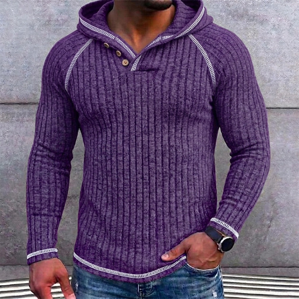 Ribbed Button-Neck Hoodie