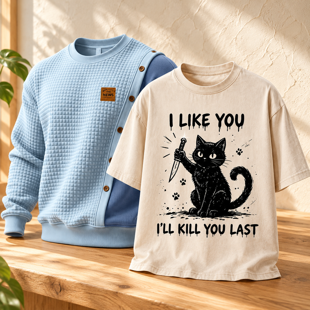 Everyday Style: blue waffle sweatshirt and ivory Knife Cat washed T-shirt