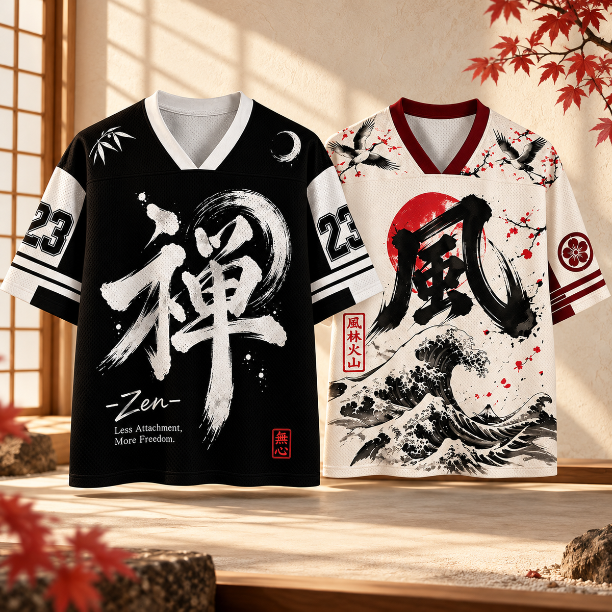 Japanese Style: Zen calligraphy and crane wave mesh jerseys