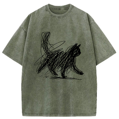 Japanese Style Scribble Cat Washed T-Shirt