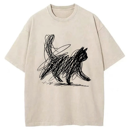 Japanese Style Scribble Cat Washed T-Shirt