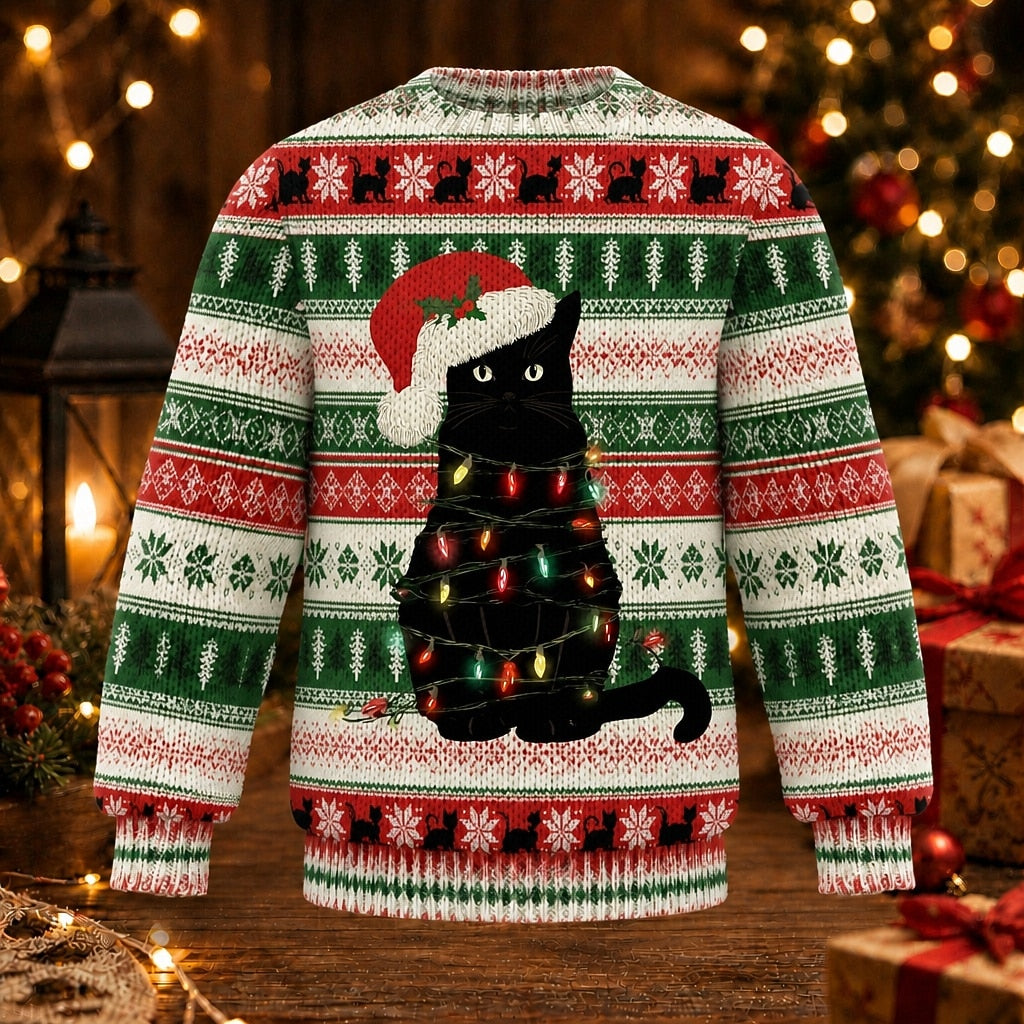 Black Cat Christmas Lights Sweater