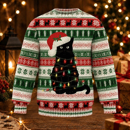 Black Cat Christmas Lights Sweater