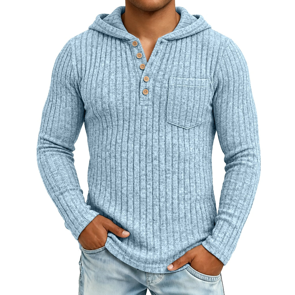 Chest Pocket Ribbed Button-Neck Hoodie