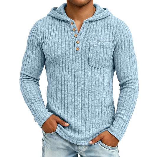 Chest Pocket Ribbed Button-Neck Hoodie