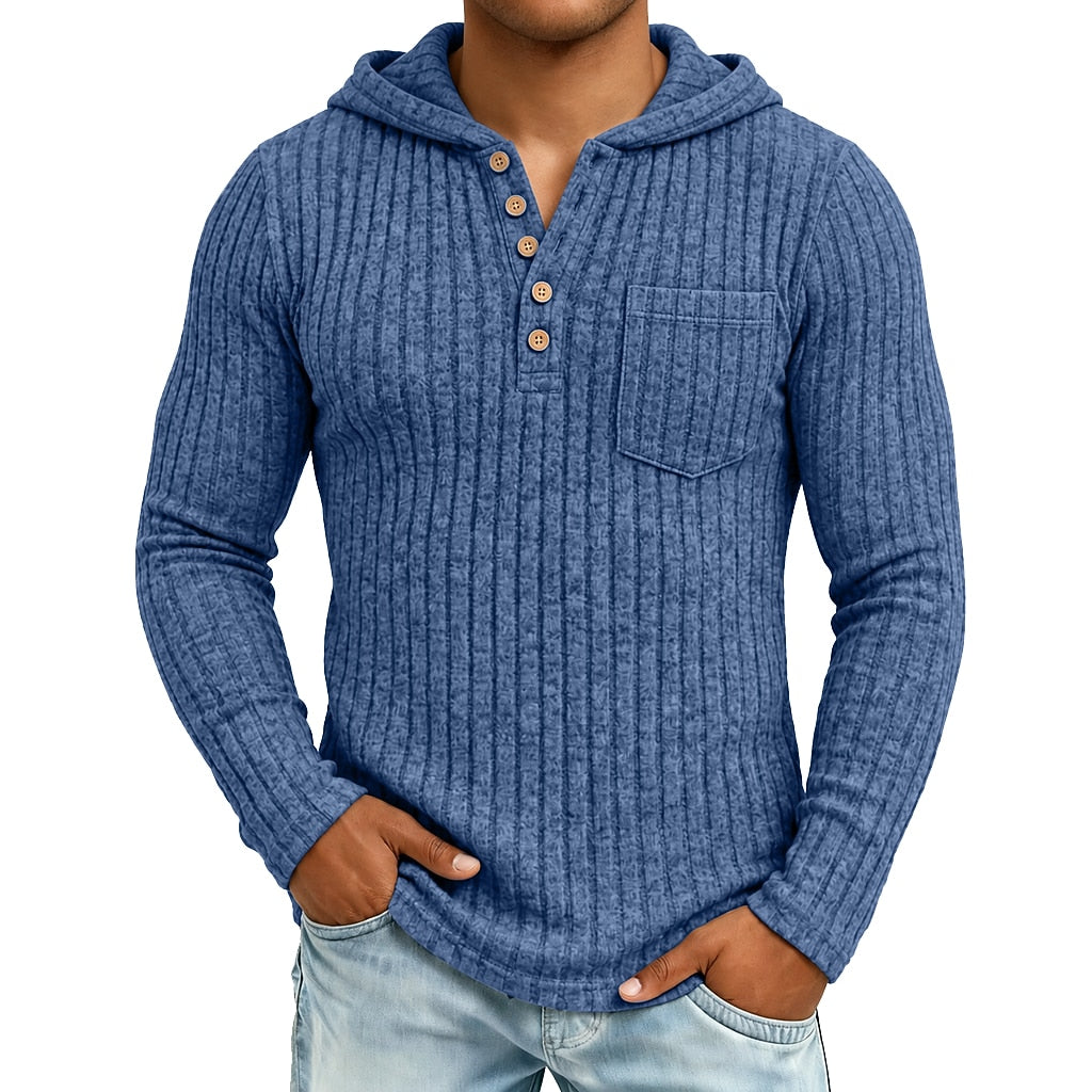 Chest Pocket Ribbed Button-Neck Hoodie