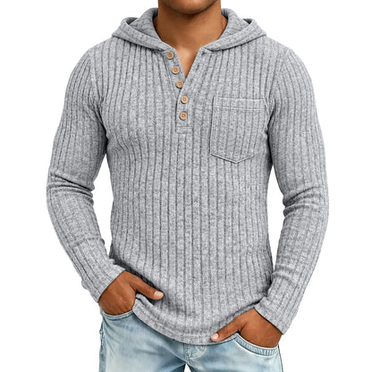 Chest Pocket Ribbed Button-Neck Hoodie
