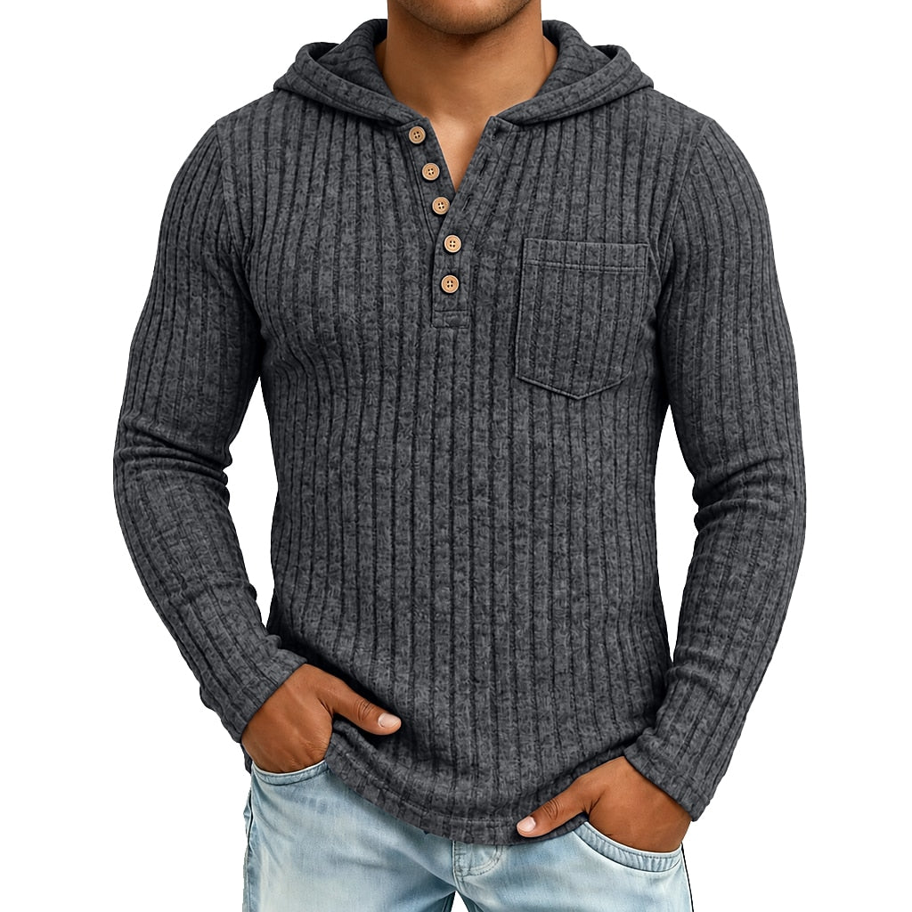 Chest Pocket Ribbed Button-Neck Hoodie