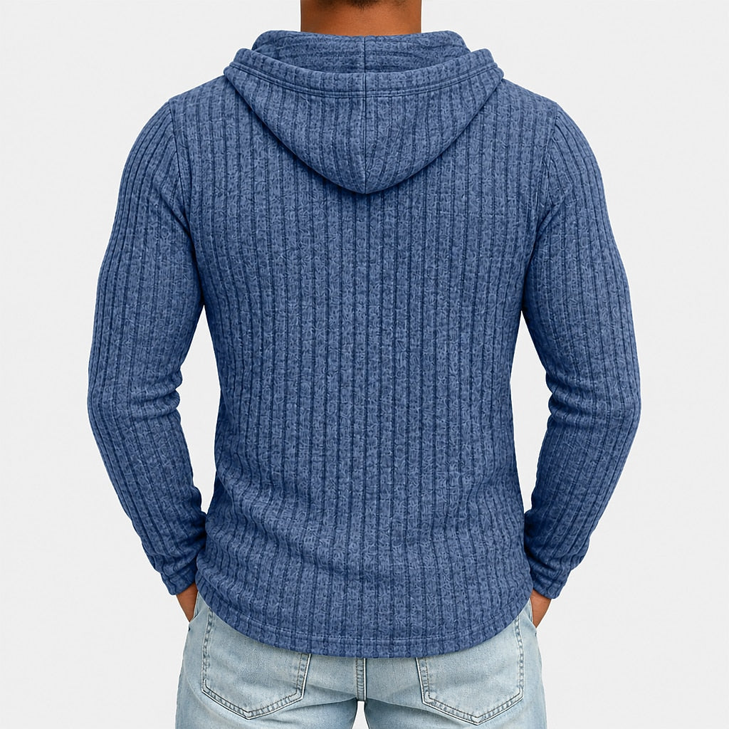 Chest Pocket Ribbed Button-Neck Hoodie
