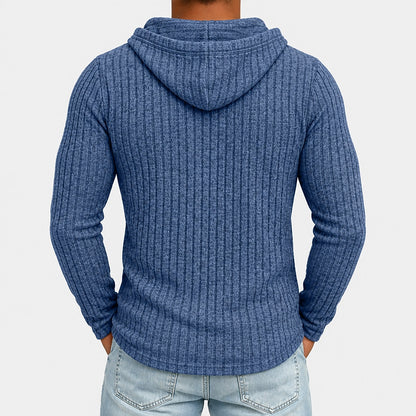 Chest Pocket Ribbed Button-Neck Hoodie