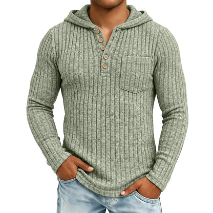 Chest Pocket Ribbed Button-Neck Hoodie