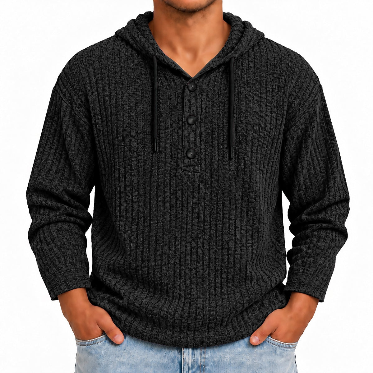 Fine Rib Button-Neck Hoodie