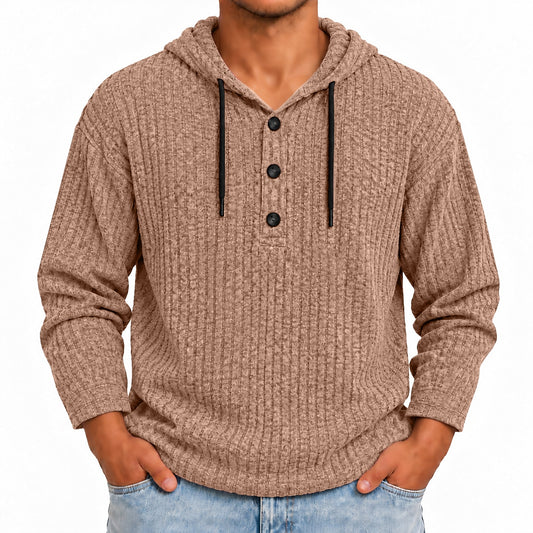 Fine Rib Button-Neck Hoodie