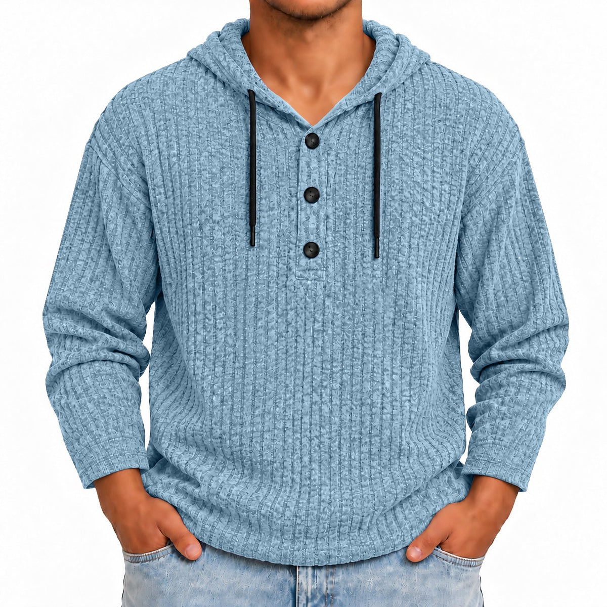 Fine Rib Button-Neck Hoodie