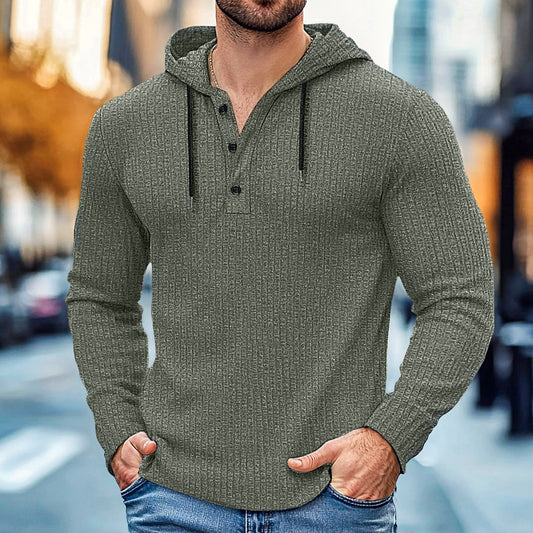 Rib Knit Henley-Neck Hoodie