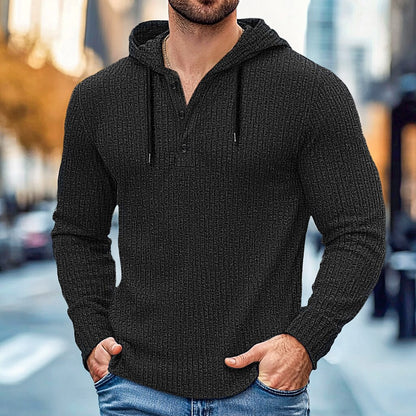 Rib Knit Henley-Neck Hoodie