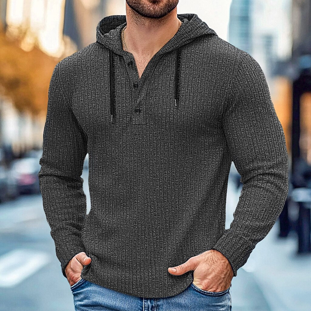 Rib Knit Henley-Neck Hoodie