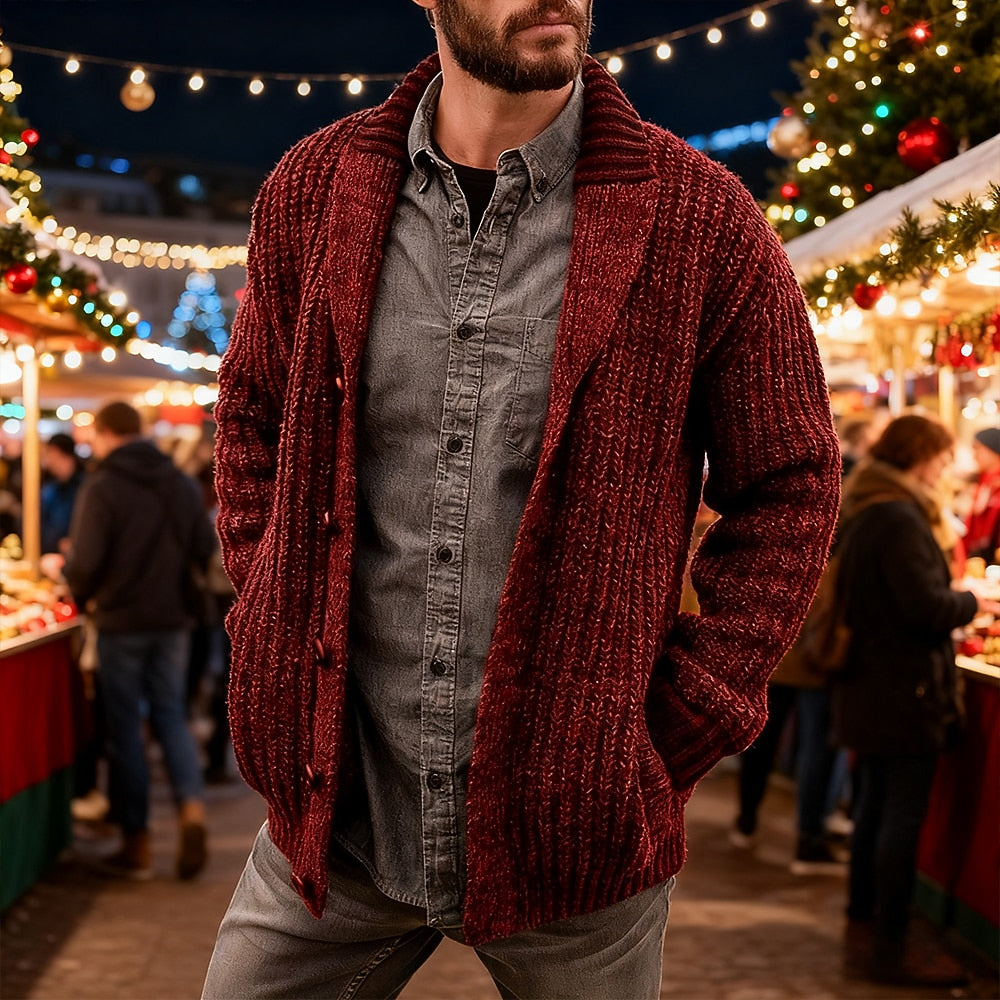 Chunky Shawl-Collar Button Cardigan