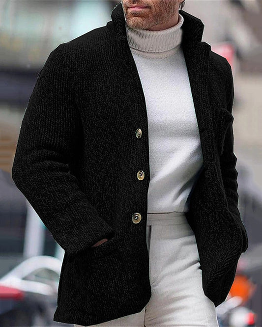 Pocket Stand-Collar Button Cardigan