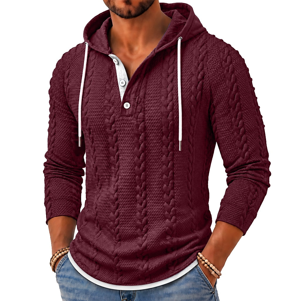 Cable Panel Button-Neck Hoodie