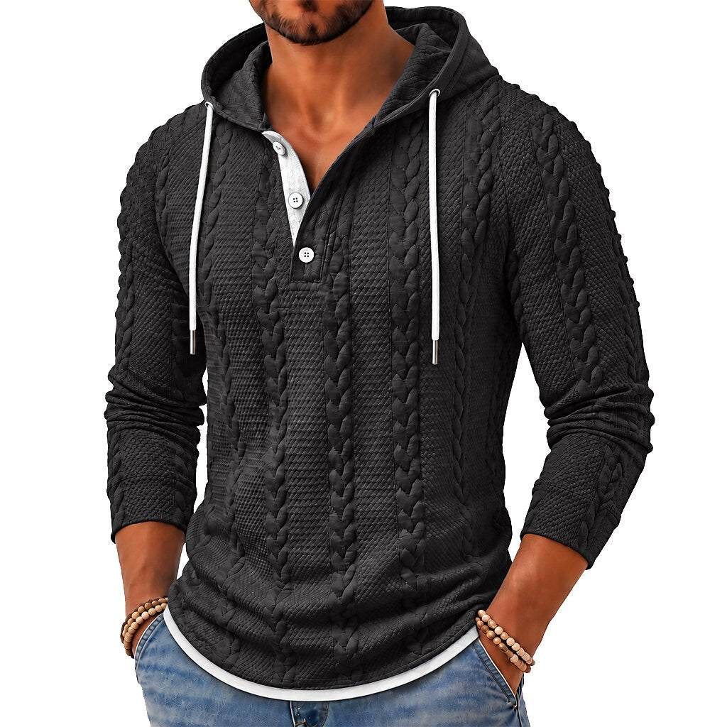 Cable Panel Button-Neck Hoodie